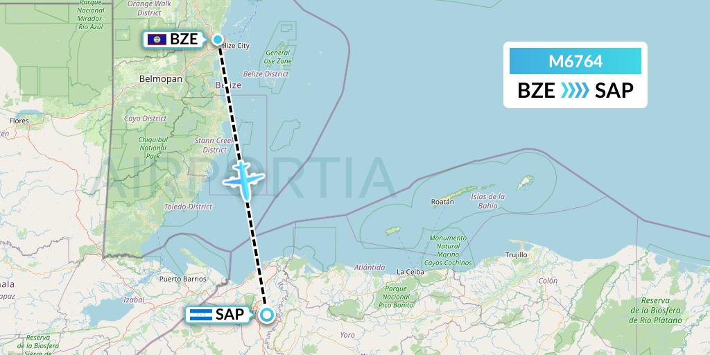 M6764 Amerijet International Flight Map: Belize City to San Pedro Sula