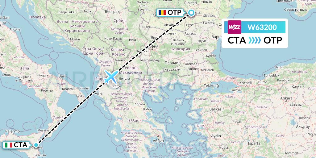 W63200 Wizz Air Flight Map: Catania to Bucharest