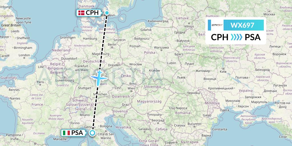 WX697 Cityjet Flight Map: Copenhagen to Pisa