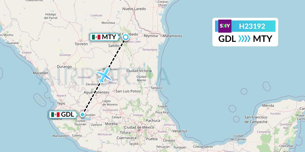 H23192 Sky Airline Flight Map: Guadalajara to Monterrey