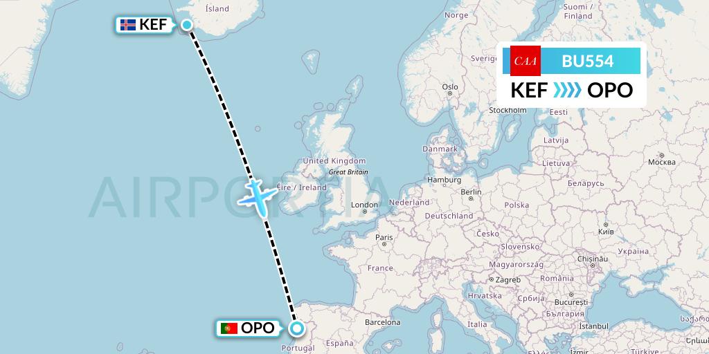 BU554 flyCAA Flight Map: Reykjavik to Porto