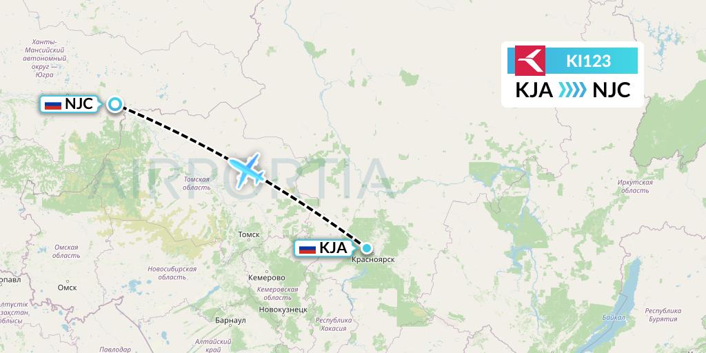 KI123 Krasavia Flight Map: Krasnoyarsk to Nizhnevartovsk