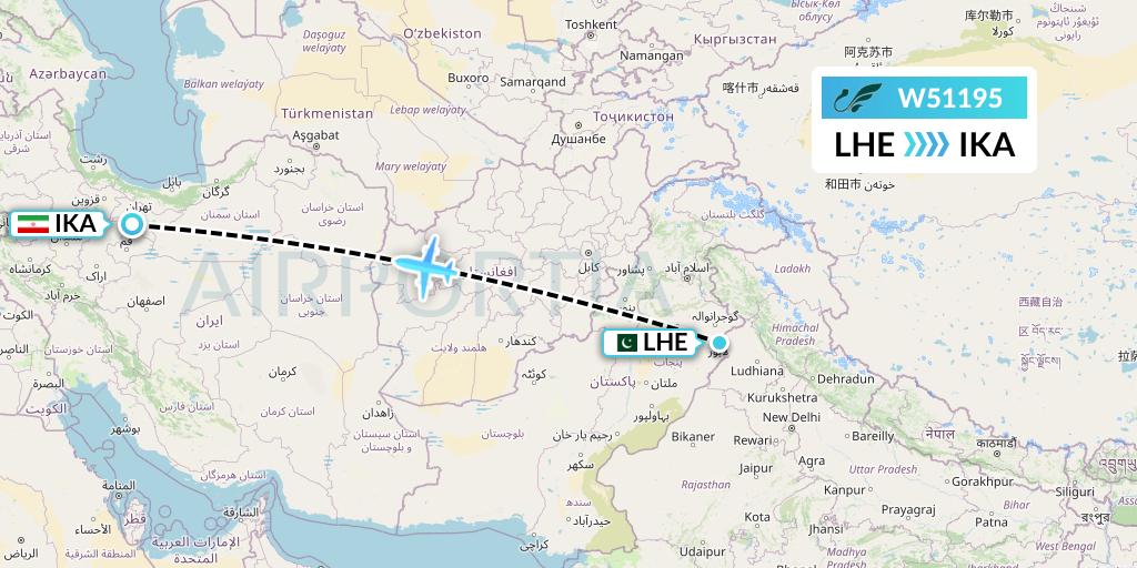 W51195 Mahan Air Flight Map: Lahore to Tehran