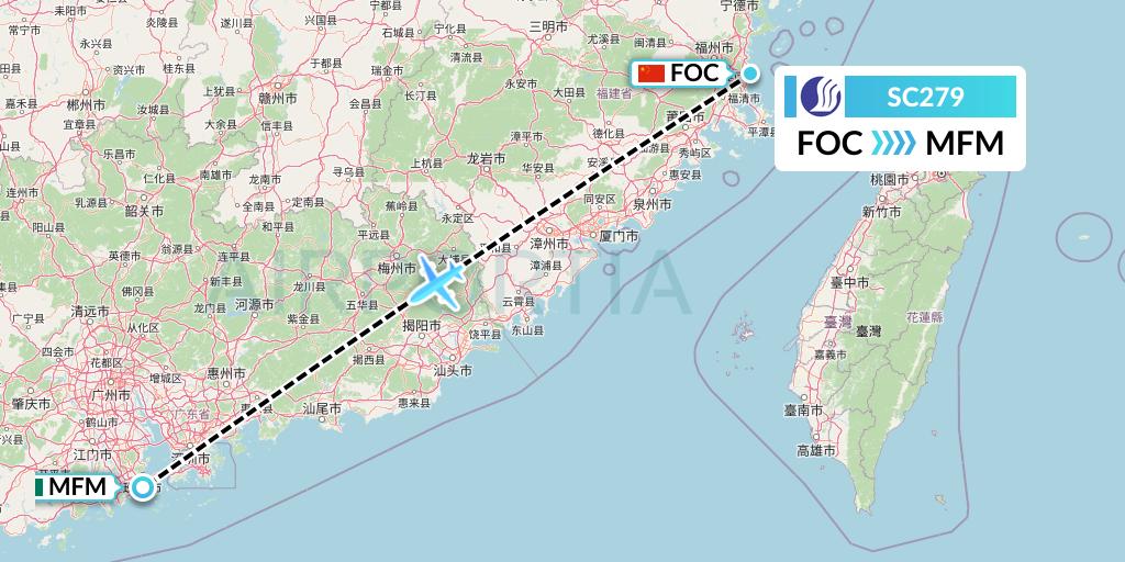 SC279 Shandong Airlines Flight Map: Fuzhou to Macau