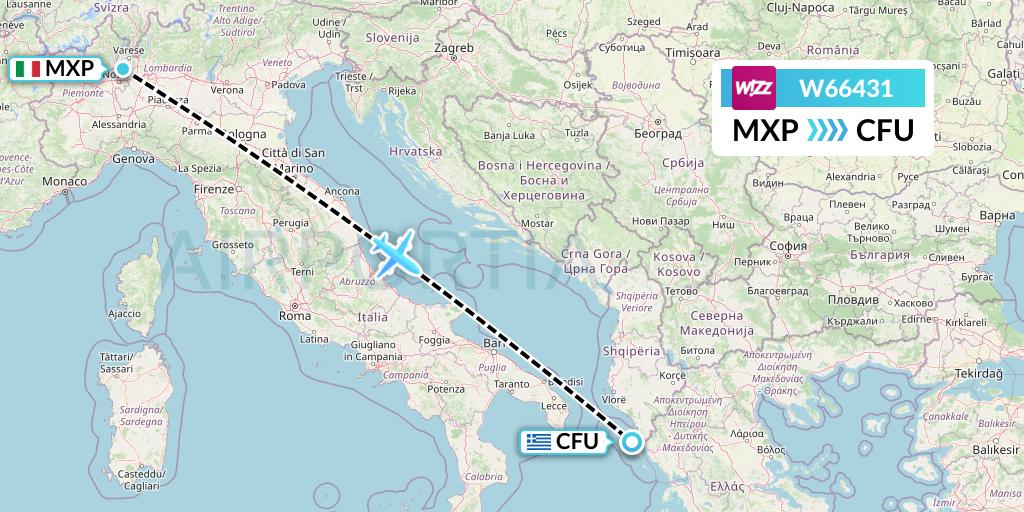 W66431 Wizz Air Flight Map: Milan to Corfu