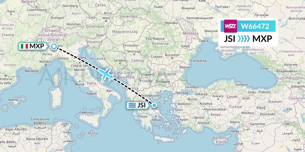 W66472 Wizz Air Flight Map: Skiathos to Milan