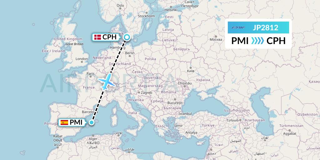 JP2812 Adria Airways Flight Map: Palma de Mallorca to Copenhagen