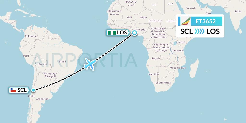 ET3652 Ethiopian Airlines Flight Map: Santiago to Lagos