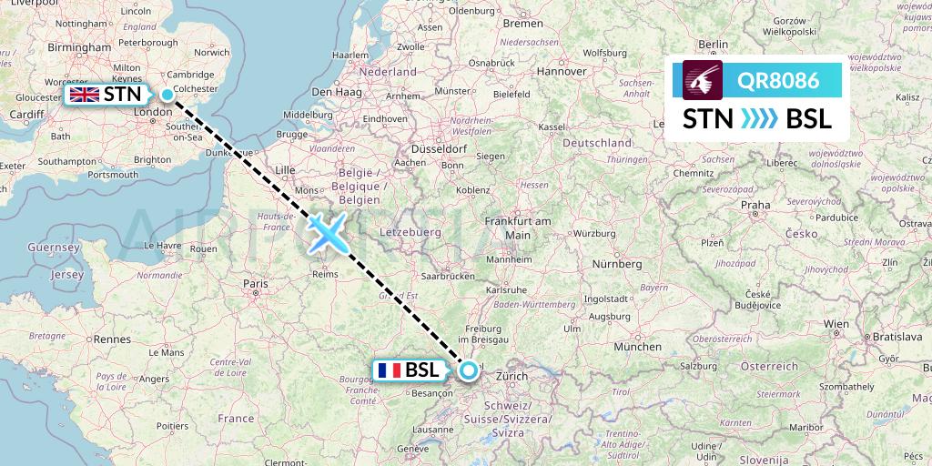 QR8086 Qatar Airways Flight Map: London to Basel