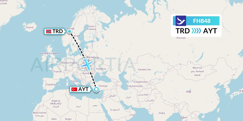 FH848 Freebird Airlines Flight Map: Trondheim to Antalya