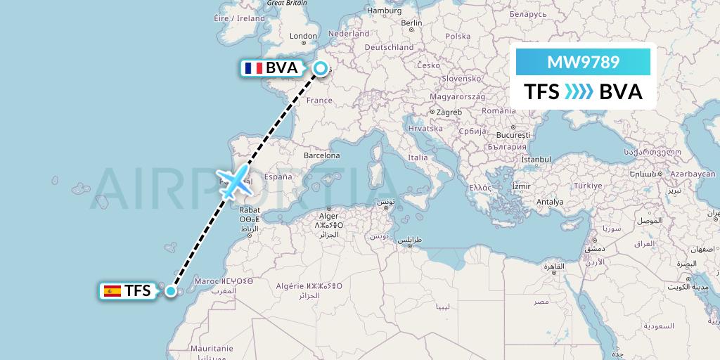 MW9789 Mokulele Flight Service Flight Map: Tenerife to Paris