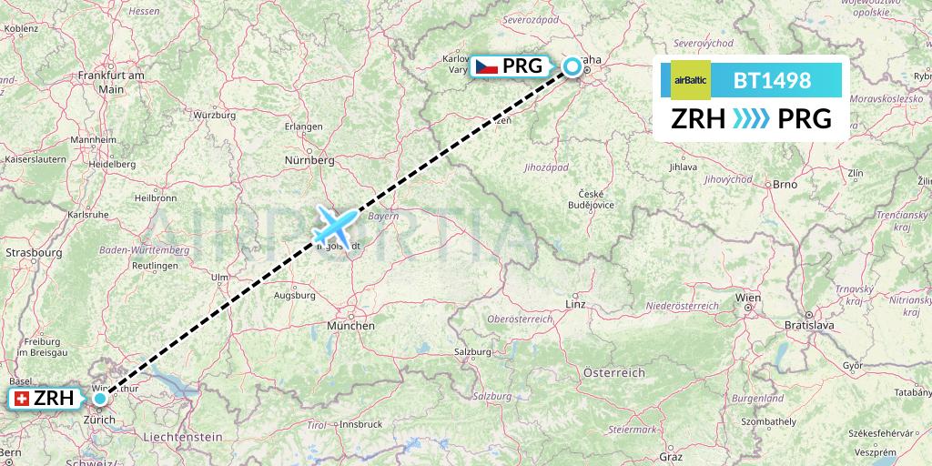 BT1498 Air Baltic Flight Map: Zurich to Prague