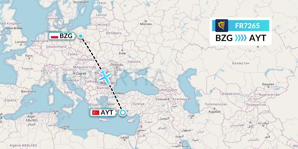 FR7265 Ryanair Flight Map: Bydgoszcz to Antalya
