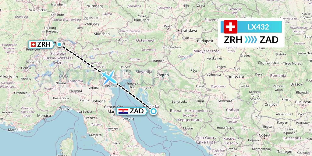 LX432 Swiss Flight Map: Zurich to Zadar