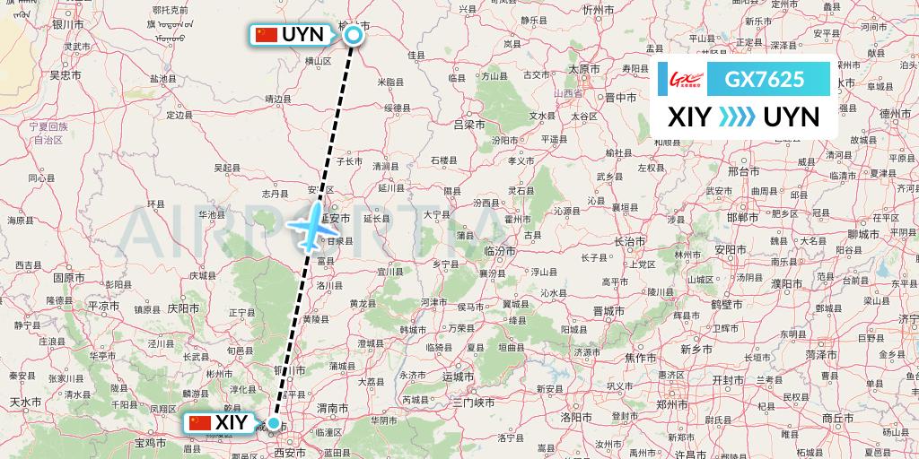 GX7625 GX Airlines Flight Map: Xi'an to Yulin
