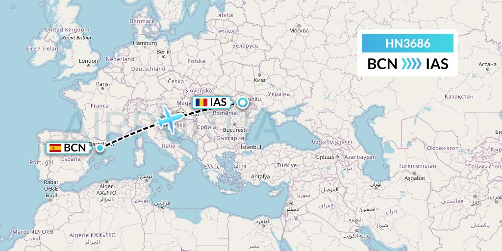HN3686 Uab Heston Airlines Jsc Heston Airl Flight Map: Barcelona to Iasi