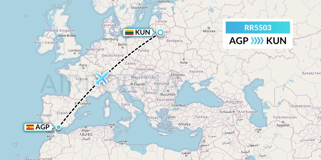 RR5503 Royal Air Force Flight Map: Malaga to Kaunas