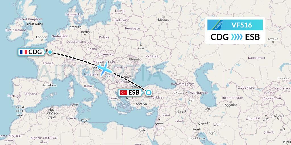VF516 ValuAir Flight Map: Paris to Ankara
