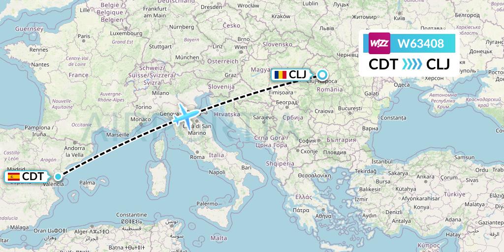 W63408 Wizz Air Flight Map: Castellon de la Plana to Cluj-Napoca