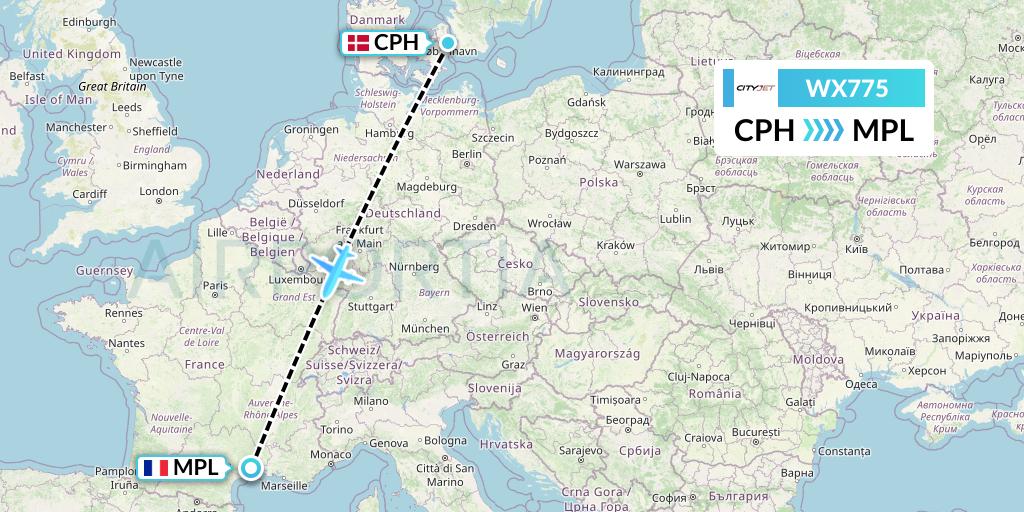 WX775 Cityjet Flight Map: Copenhagen to Montpellier