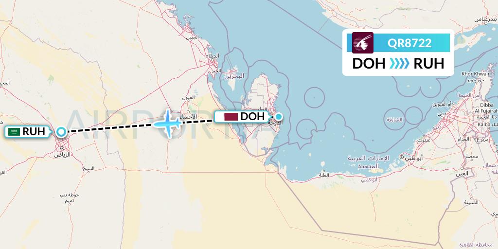 QR8722 Qatar Airways Flight Map: Doha to Riyadh