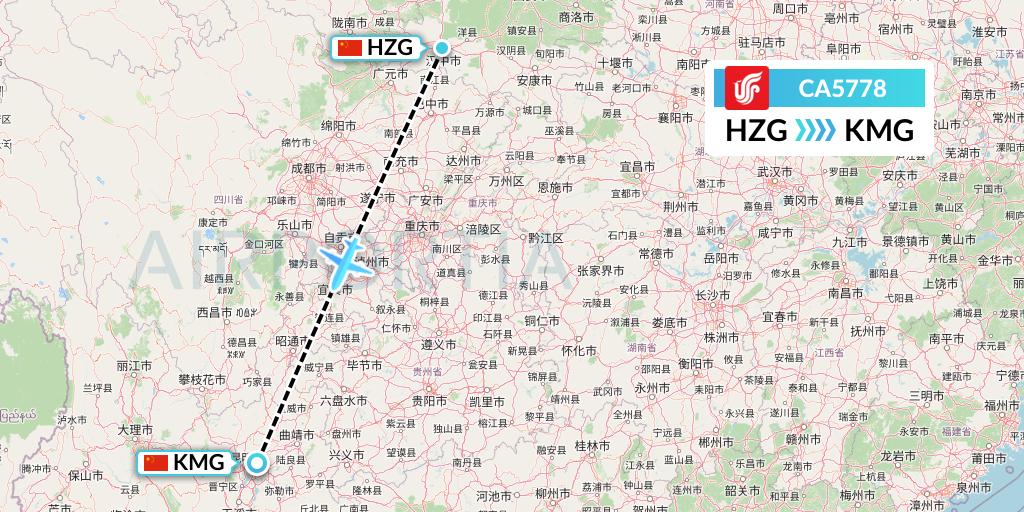 CA5778 Air China Flight Map: Hanzhong to Kunming