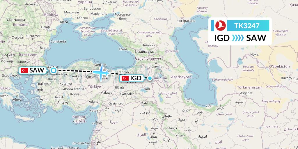 TK3247 Turkish Airlines Flight Map: Igdir to Istanbul