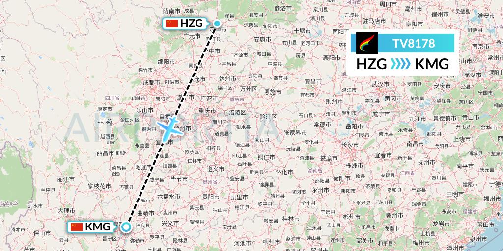 TV8178 Tibet Airlines Flight Map: Hanzhong to Kunming