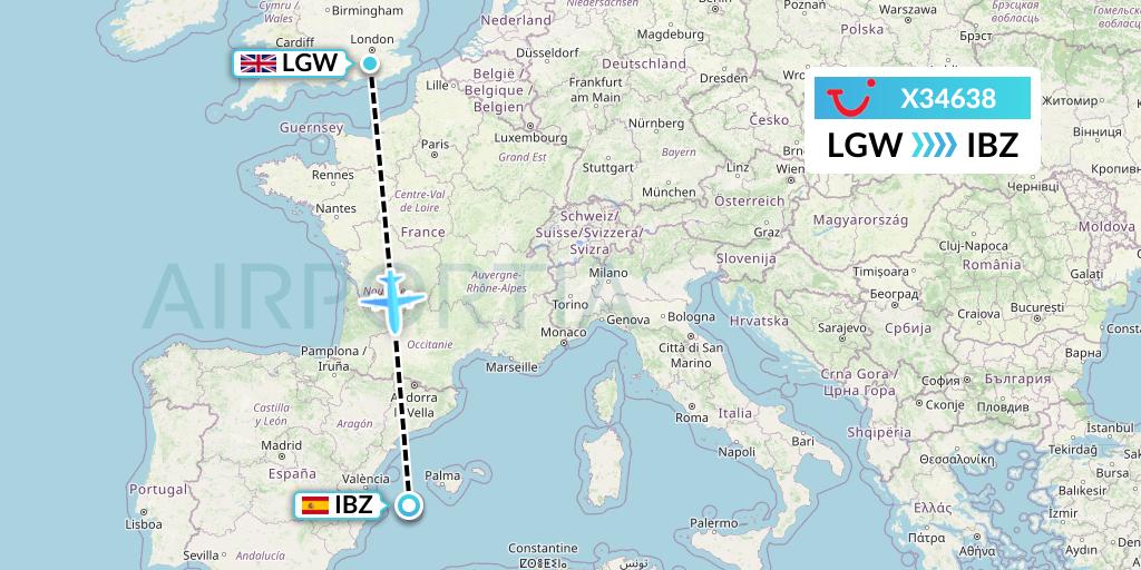 X34638 TUI fly Germany Flight Map: London to Ibiza
