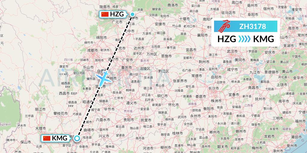 ZH3178 Shenzhen Airlines Flight Map: Hanzhong to Kunming