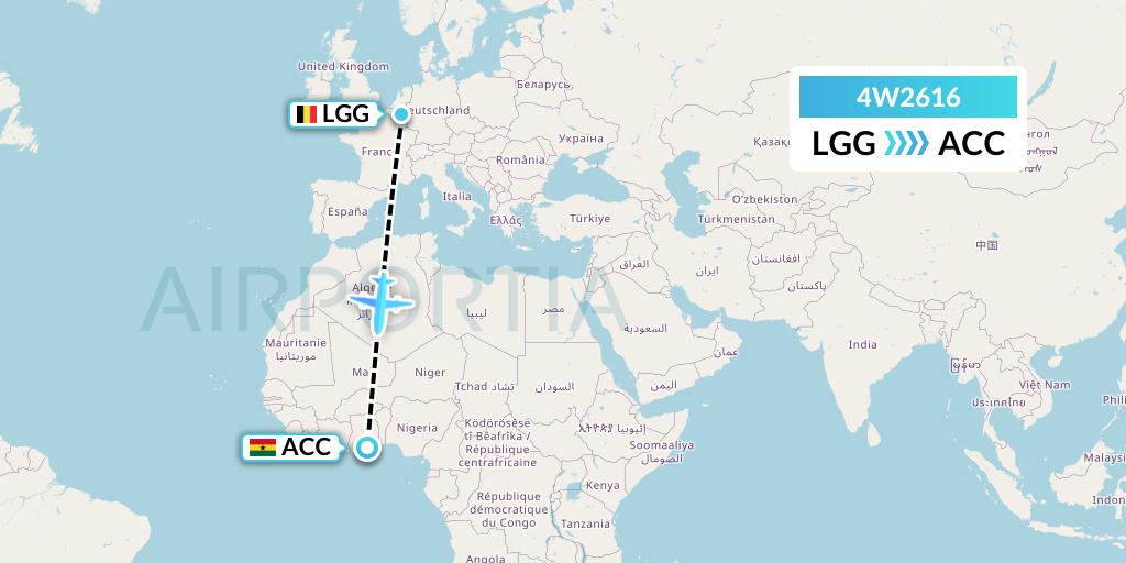 4W2616 Warbelows Air Ventures Flight Map: Liege to Accra
