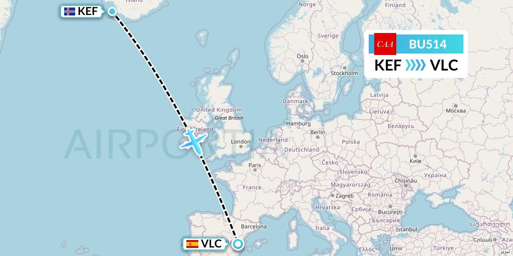 BU514 flyCAA Flight Map: Reykjavik to Valencia