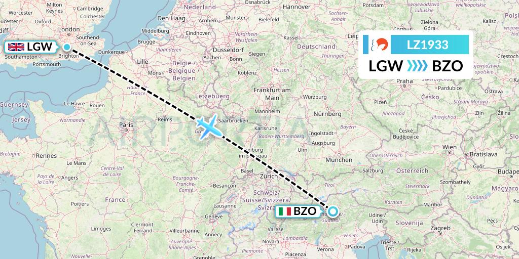 LZ1933 Air Link Flight Map: London to Bolzano