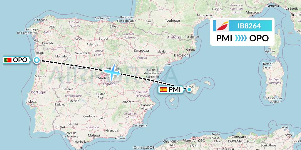 IB8264 Iberia Flight Map: Palma de Mallorca to Porto
