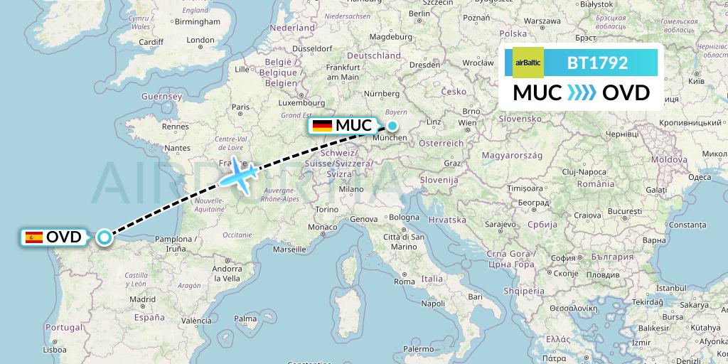 BT1792 Air Baltic Flight Map: Munich to Asturias
