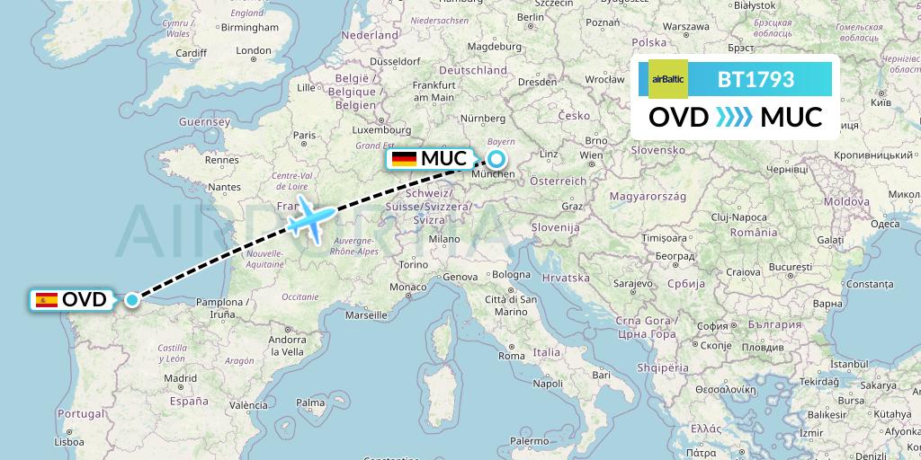 BT1793 Air Baltic Flight Map: Asturias to Munich