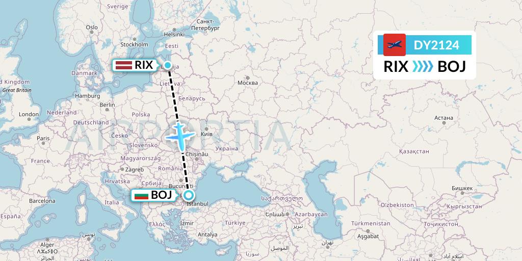 DY2124 Norwegian Flight Map: Riga to Burgas
