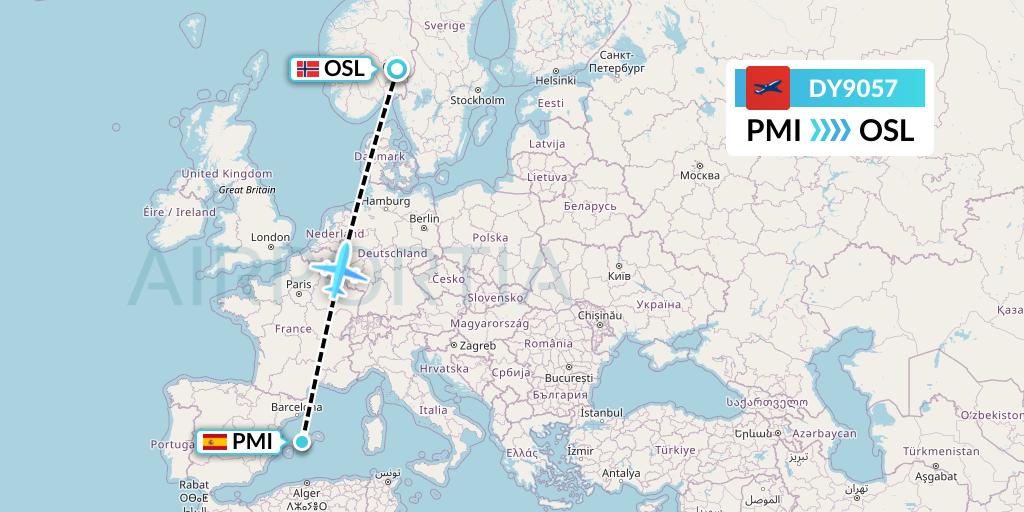 DY9057 Norwegian Flight Map: Palma de Mallorca to Oslo