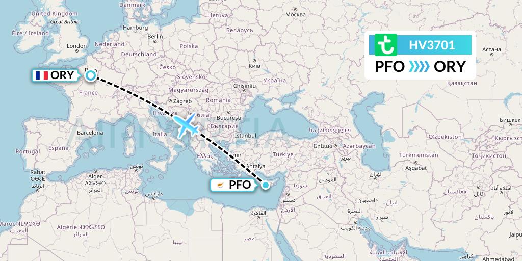 HV3701 Transavia Flight Map: Pafos to Paris