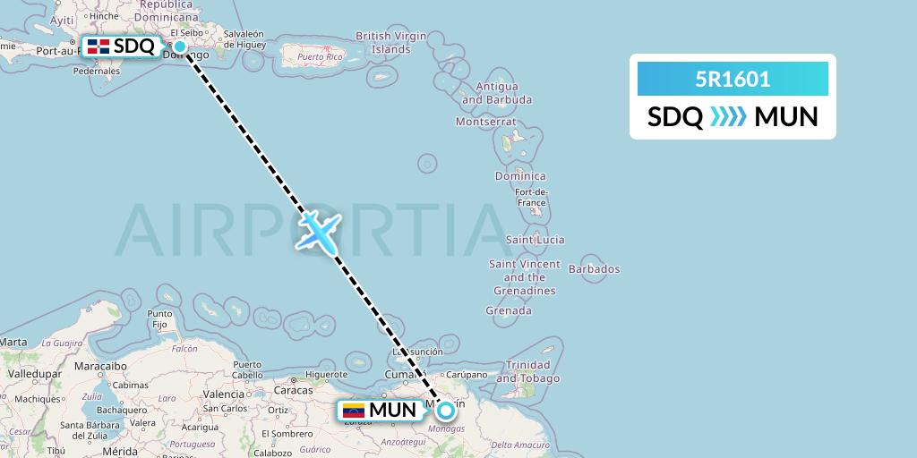 5R1601 Rutaca Airlines Flight Map: Santo Domingo to Maturin