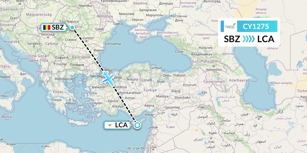 CY1275 Cyprus Airways Flight Map: Sibiu to Larnaca