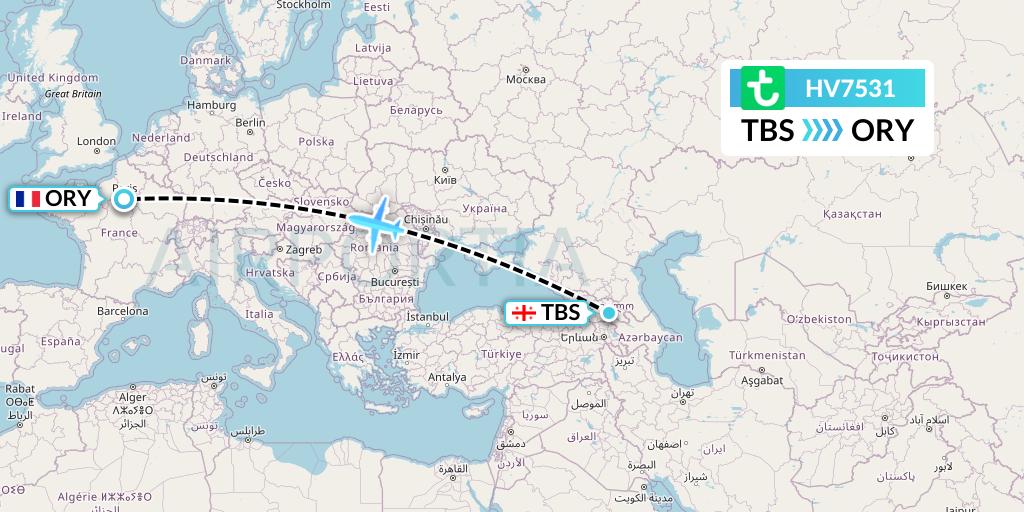 HV7531 Transavia Flight Map: Tbilisi to Paris