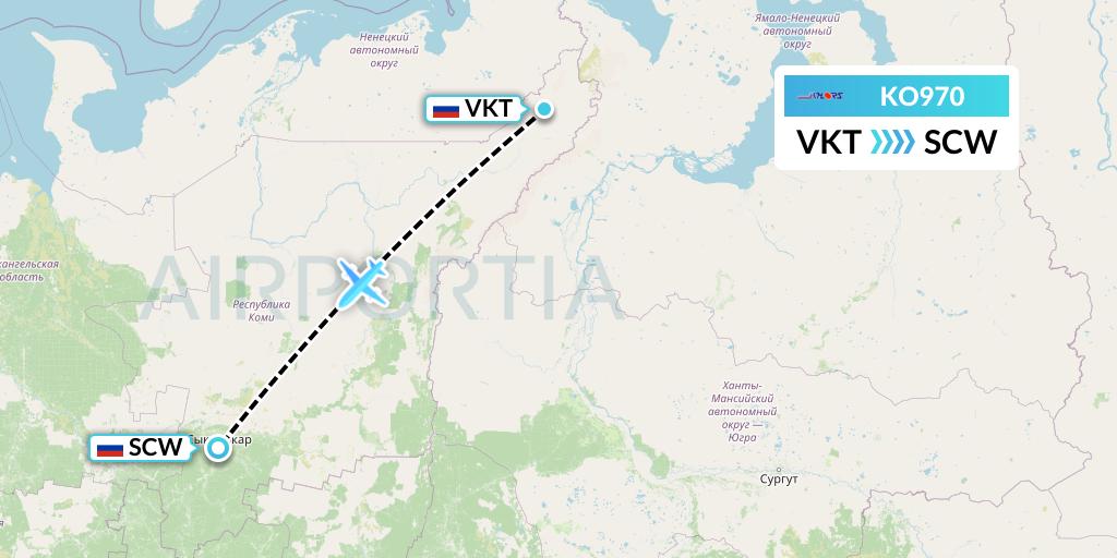 KO970 Komiaviatrans Flight Map: Vorkuta to Syktyvkar