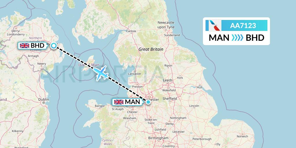 AA7123 American Airlines Flight Map: Manchester to Belfast