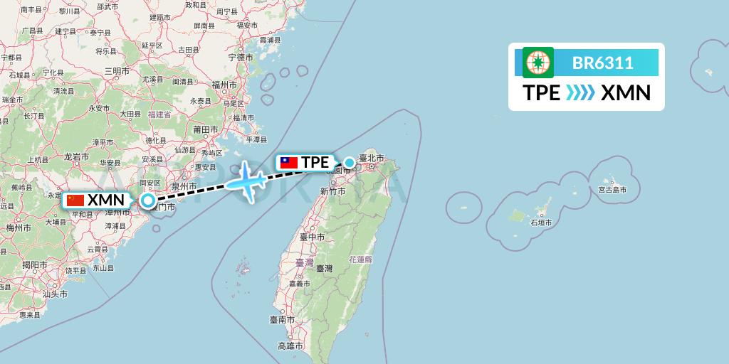 BR6311 EVA Air Flight Map: Taipei to Xiamen