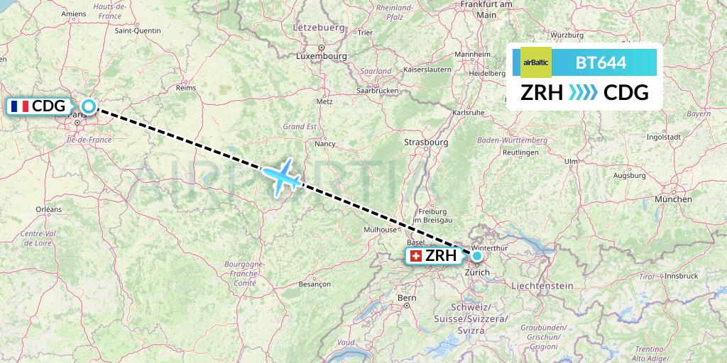 BT644 Air Baltic Flight Map: Zurich to Paris
