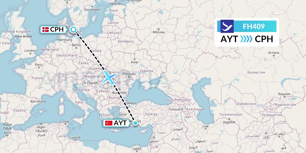 FH409 Freebird Airlines Flight Map: Antalya to Copenhagen