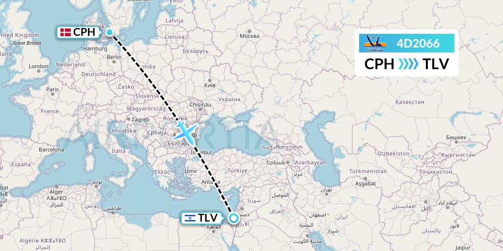 4D2066 Air Sinai Flight Map: Copenhagen to Tel Aviv