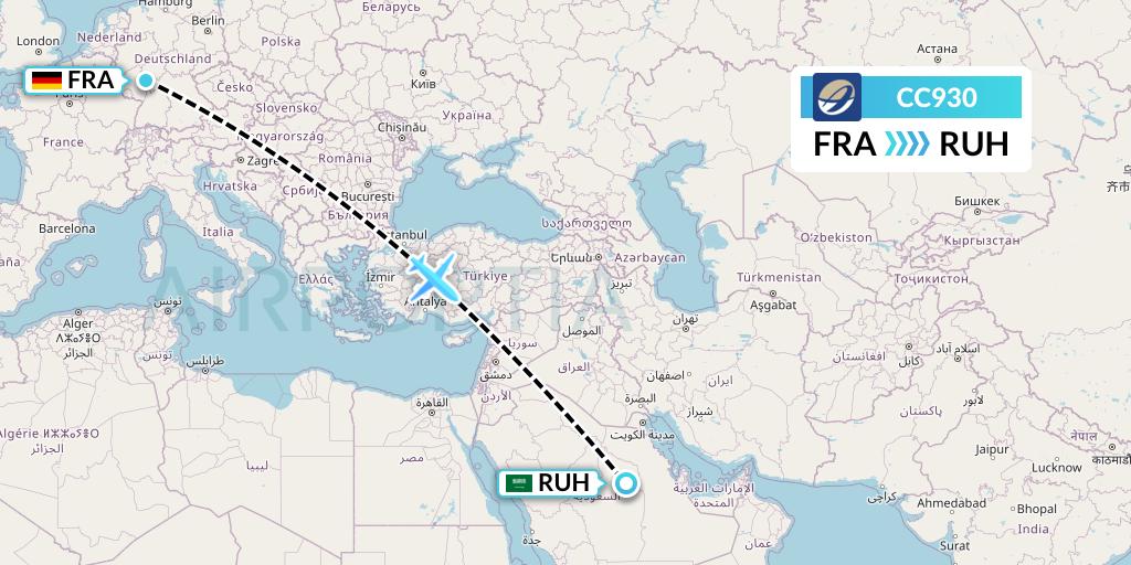 CC930 CM Airlines Flight Map: Frankfurt to Riyadh
