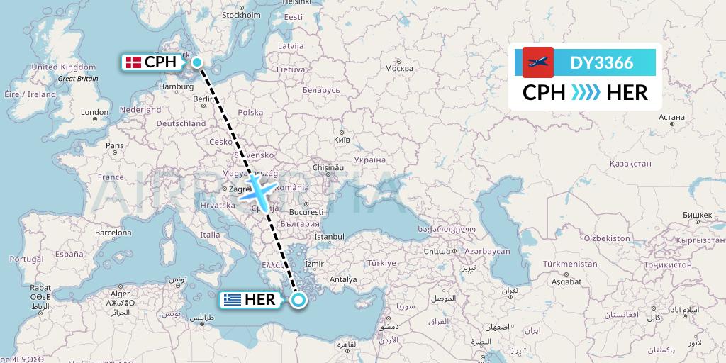 DY3366 Norwegian Flight Map: Copenhagen to Heraklion